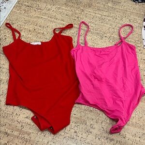 Red & Hot Pink Spaghetti Strap Bodysuit Set